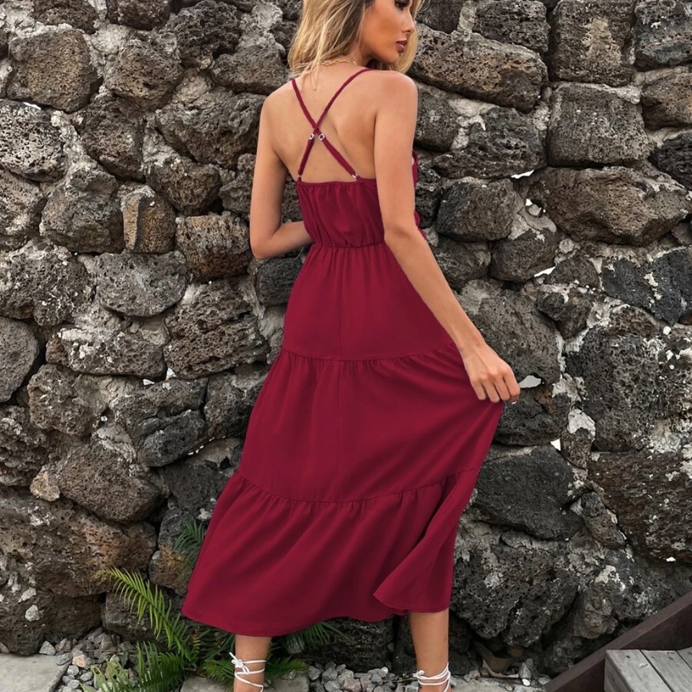 Boho Criss Cross Back Ruffle Cami Dress - Picture 12 of 13